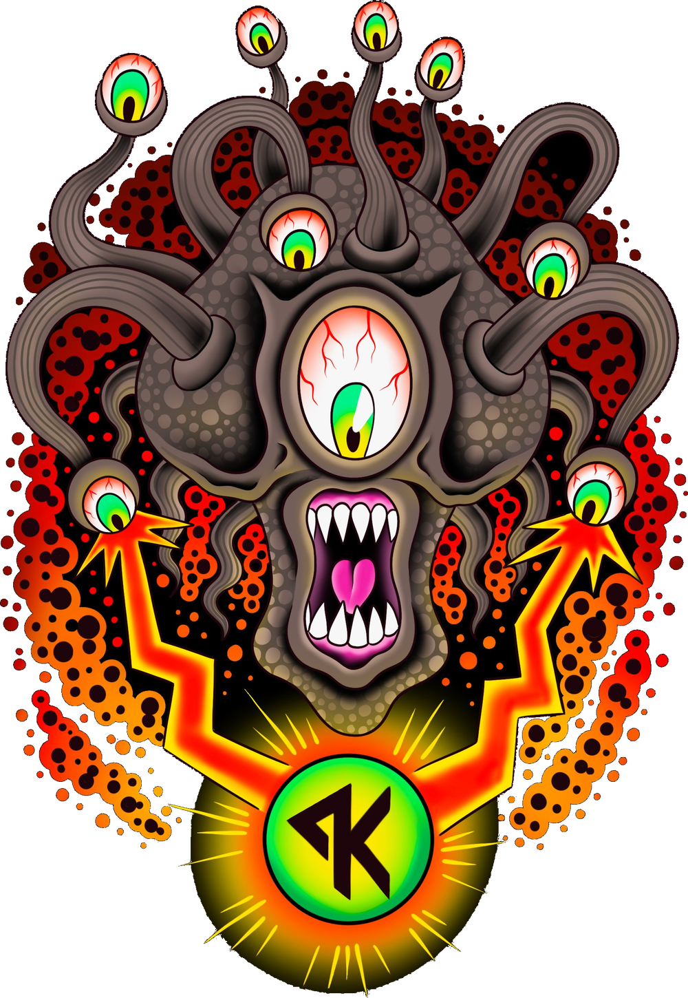 The Protokol beholder — a many-eyed monster firing energy beams into the Protokol mark
